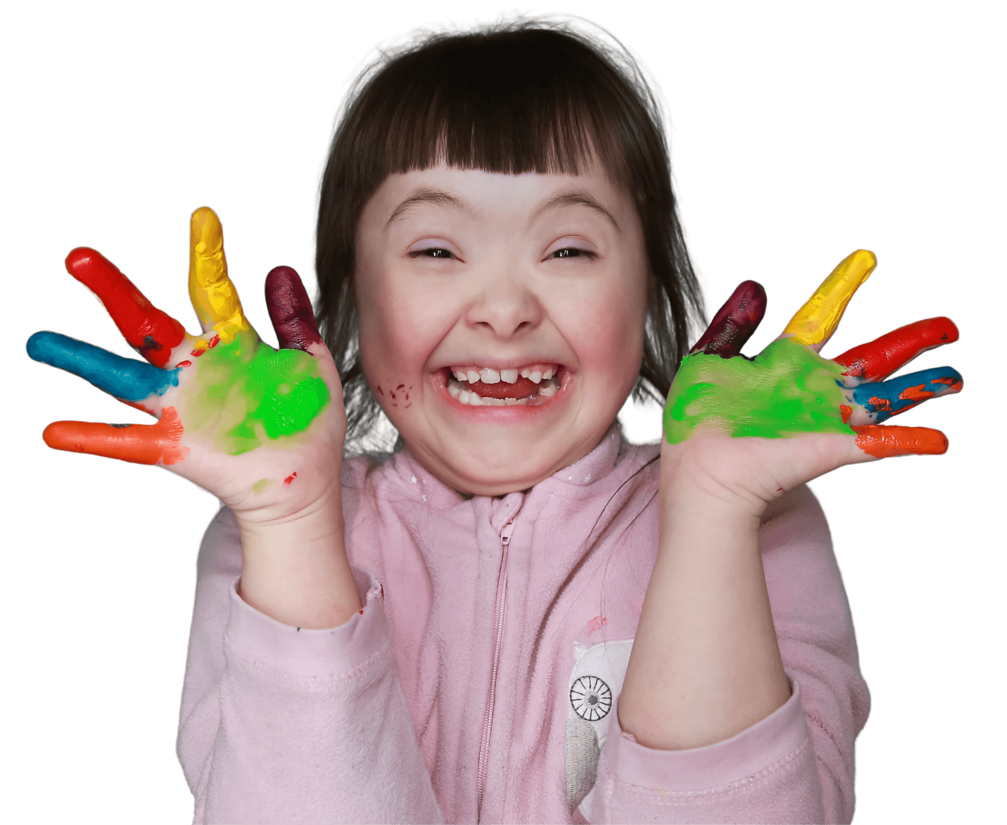 Happy young person holding up hands covered in colourful paint